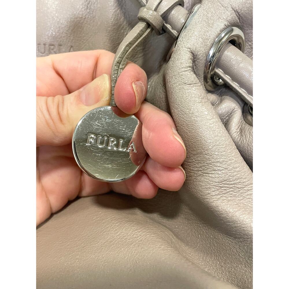 Furla Taupe Leather Top Handle Bag Designer Handbag Silver Embellishments - Picture 7 of 13